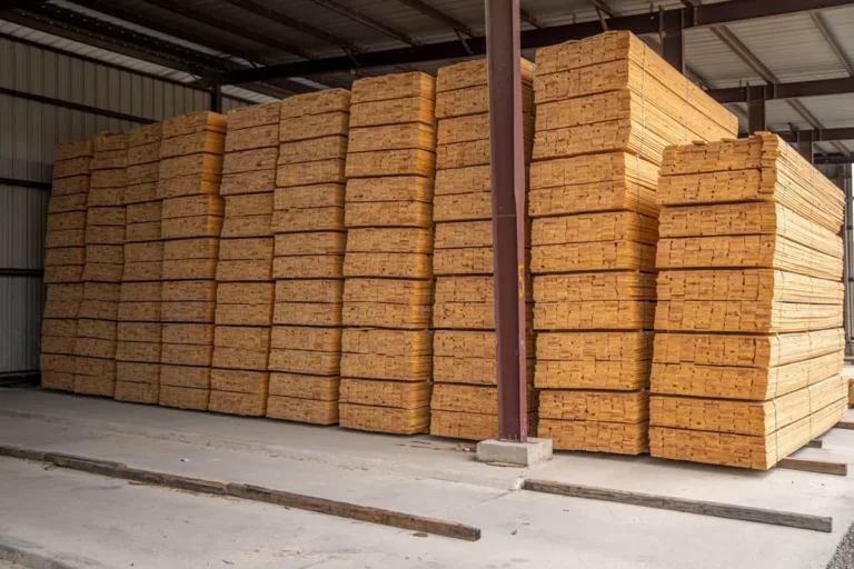 Stacked timber in a warehouse - timber legality documents for wood products from China