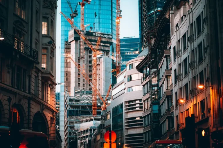 UKCA vs CE marking: London commercial construction site with tower cranes