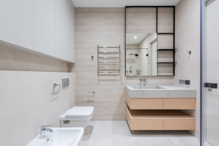Bathroom vanity units in a multifamily apartment bathroom
