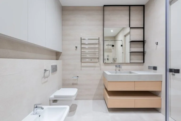 Bathroom vanity units in a multifamily apartment bathroom