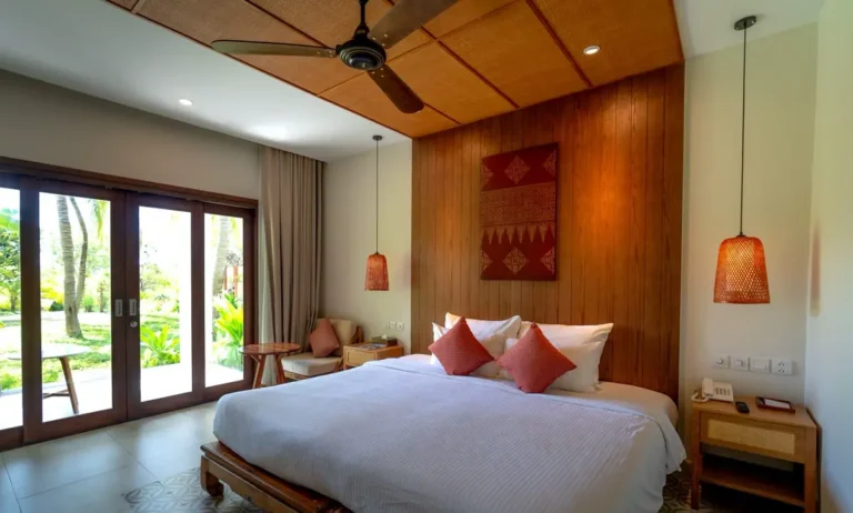 Tropical resort hotel guest room with timber panelling, rattan ceiling and hotel furniture — hotel furniture manufacturers in China for Caribbean resort projects