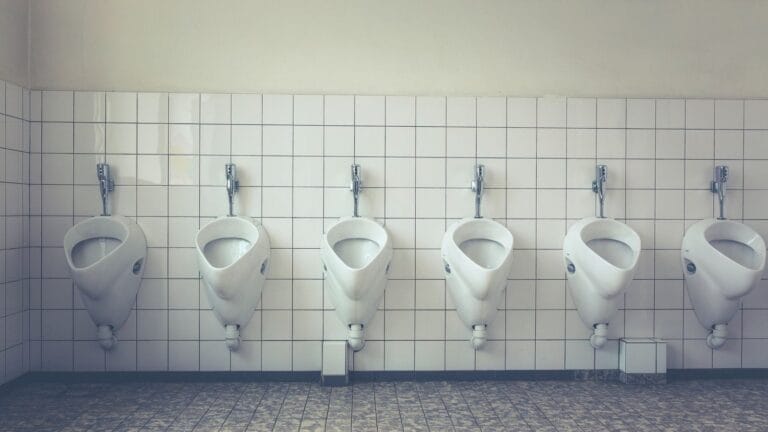 Row of ceramic urinals in a commercial washroom