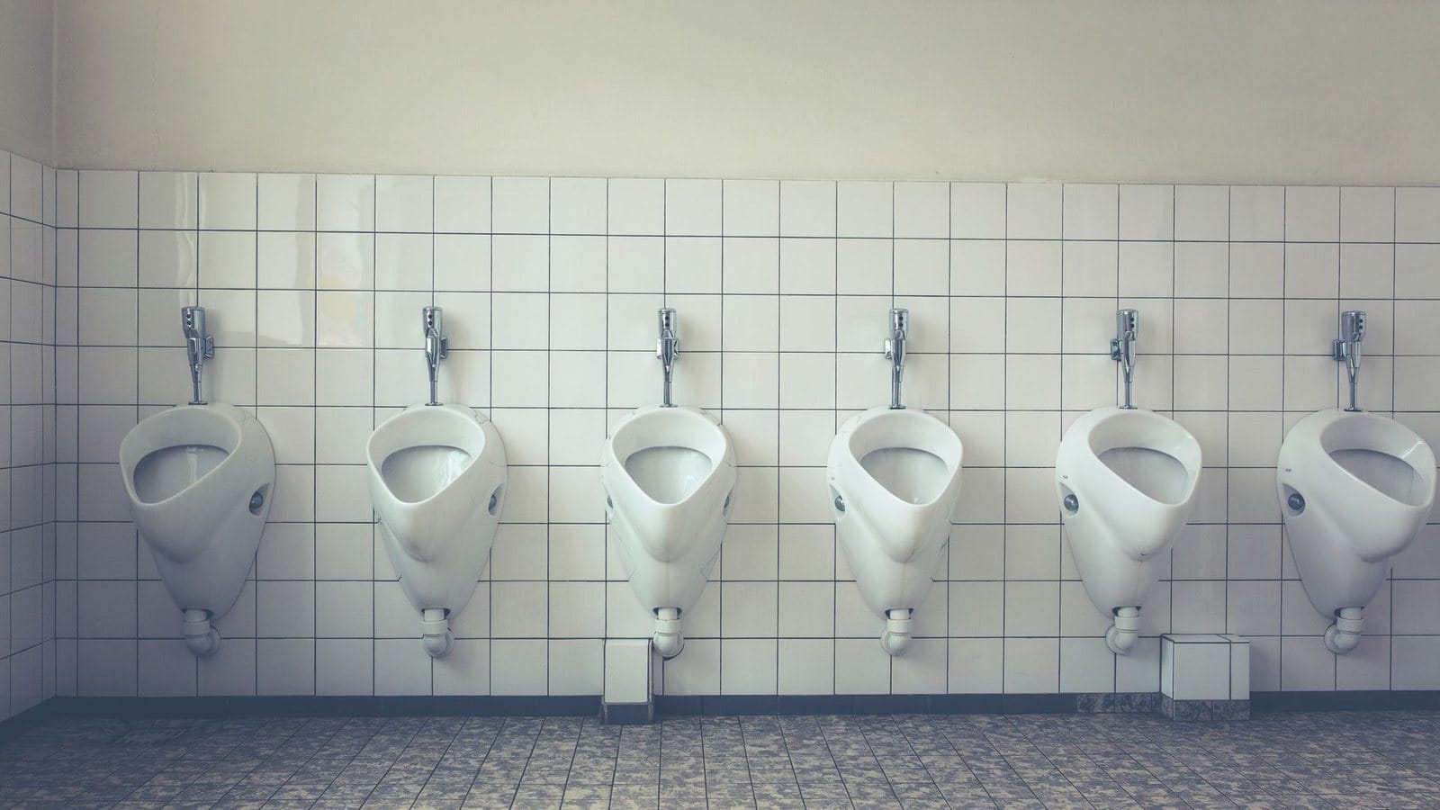 Row of ceramic urinals in a commercial washroom