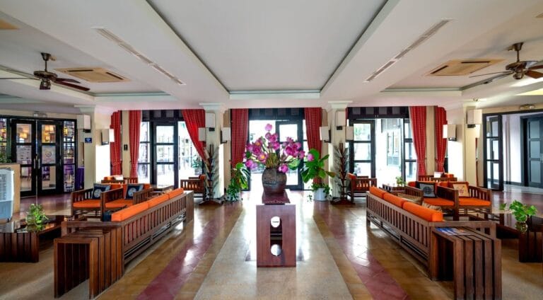 Hotel resort lobby interior with contract furniture