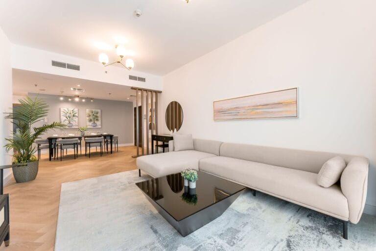 Furnished apartment living and dining area with sofa and dining table