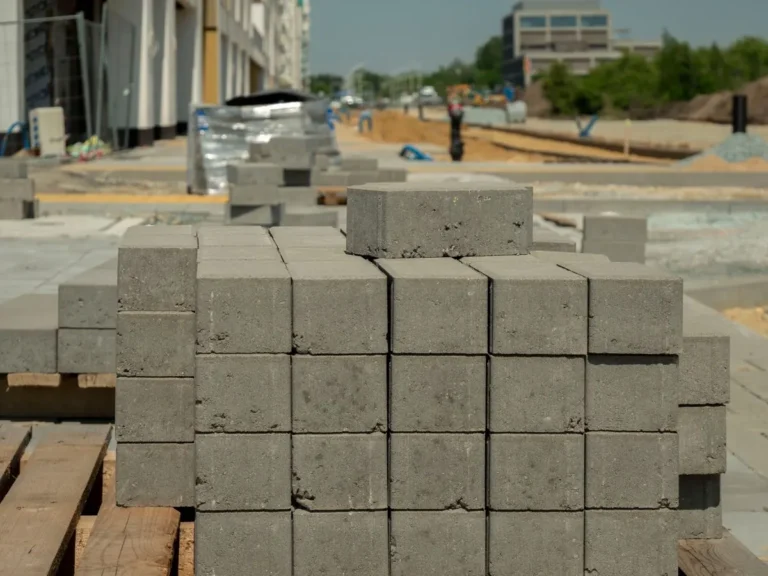 Concrete blocks stacked on a European construction site, illustrating how German and Dutch contractors source building materials from China