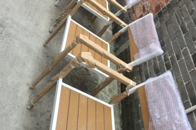 Outdoor dining chairs wrapped for export after inspection, golf clubhouse fit-out sourcing from China