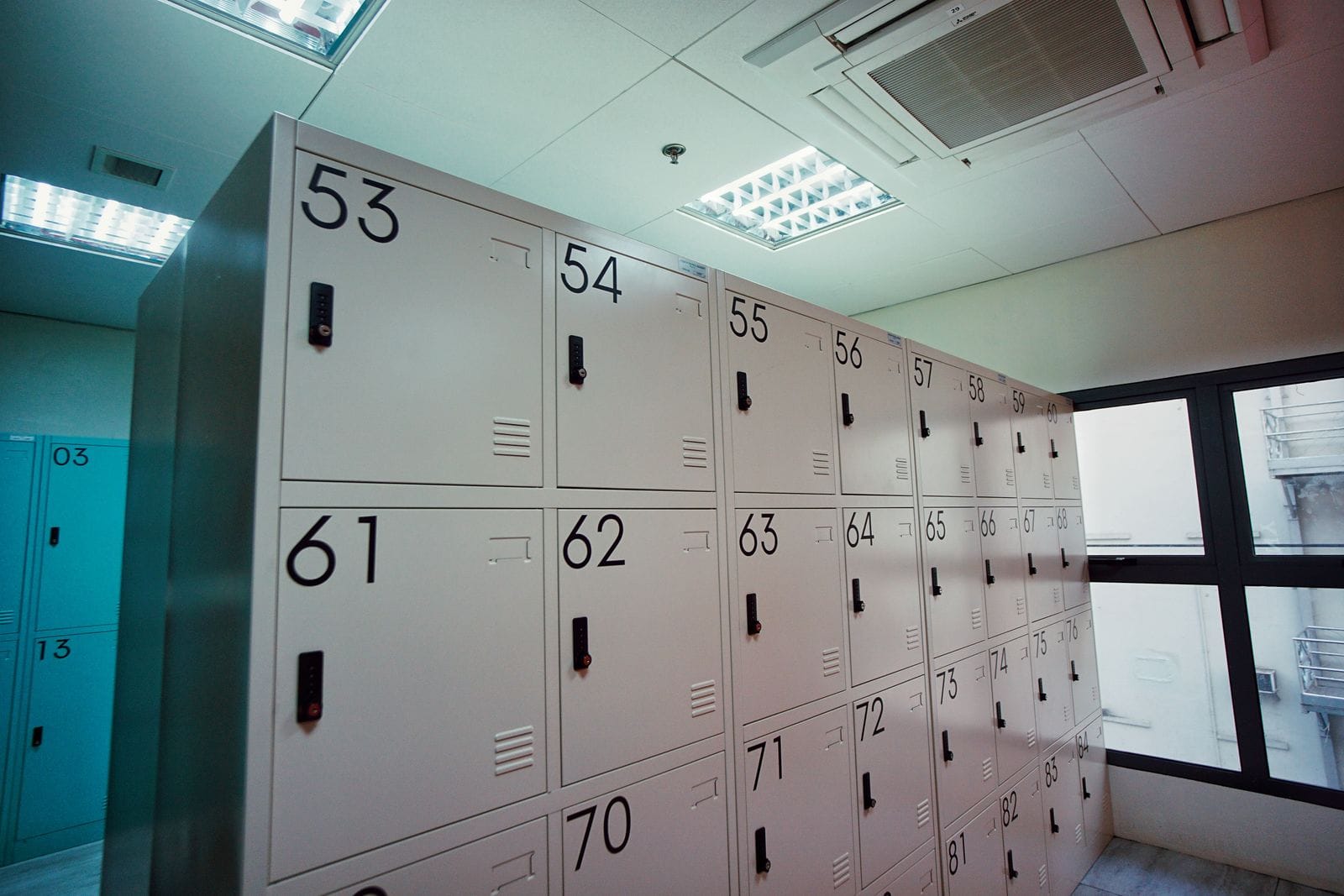 Numbered lockers in a commercial changing area