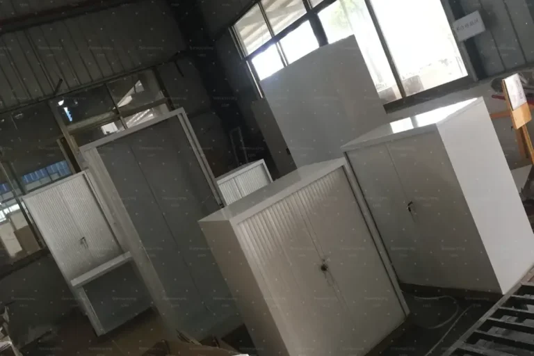 Metal storage cabinets in a factory before shipment, pharmacy and health retail chain fit-out sourcing from China