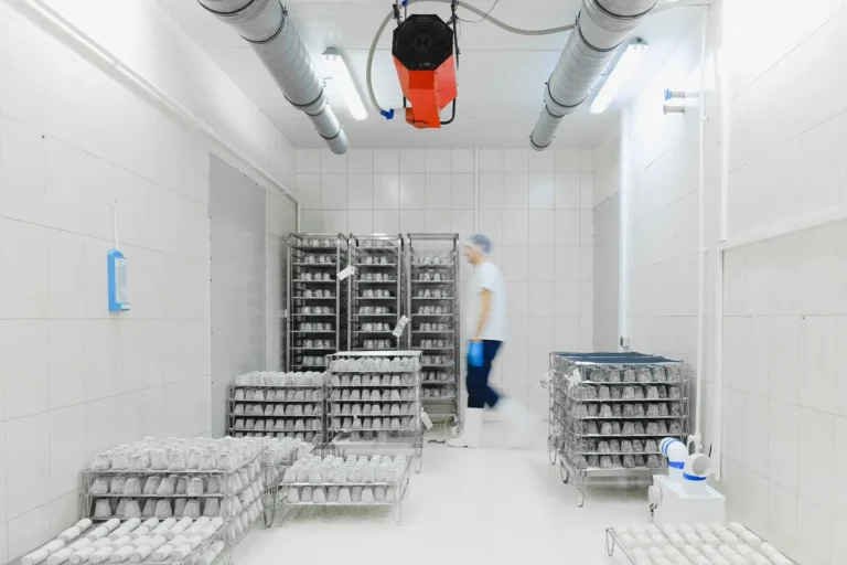 Insulated cold storage room with white panels, unit cooler and stainless steel racks for food-service projects