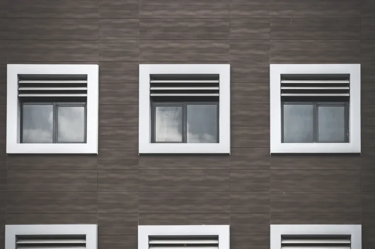 Building facade with rows of white-framed windows on dark cladding