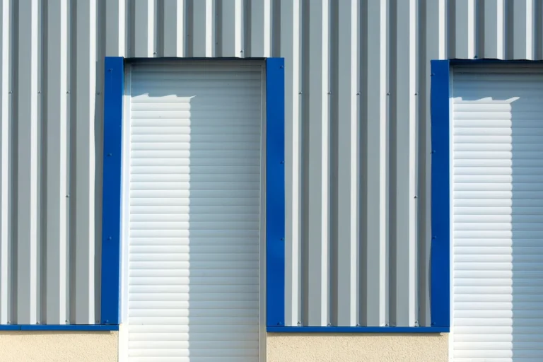 Corrugated metal wall cladding on an industrial building with blue-framed white doors