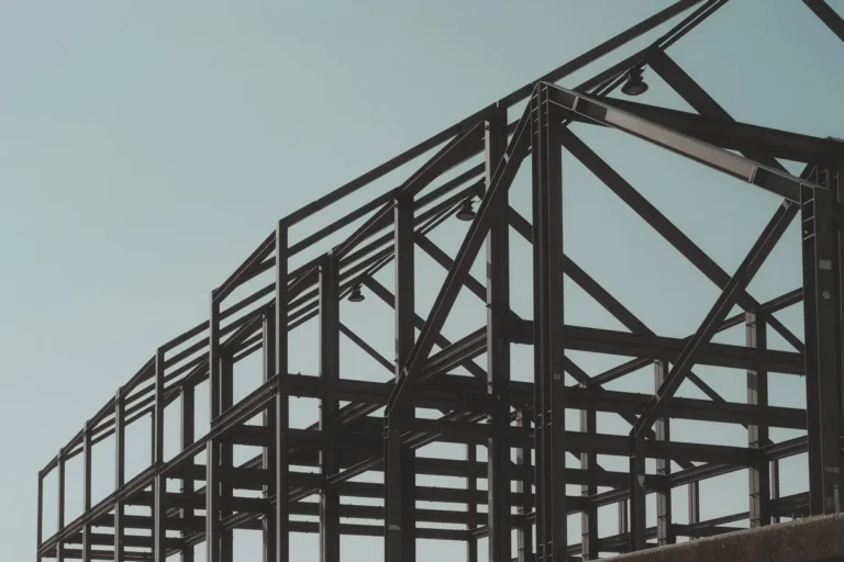 Light steel frame roof structure seen against a pale sky