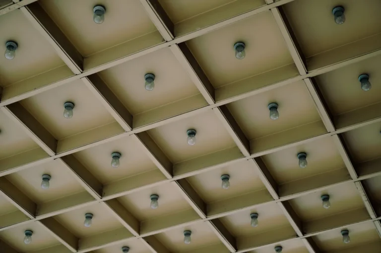 Modern ceiling with a grid pattern and light fittings