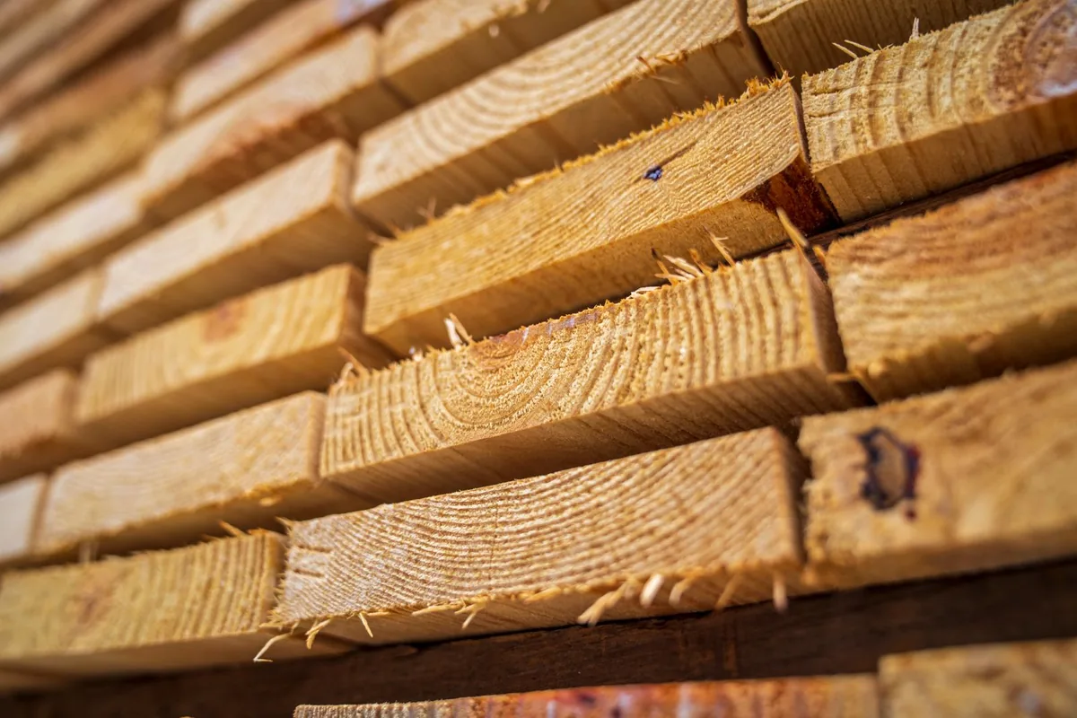 Close-up of stacked timber planks showing end grain and sawn edges