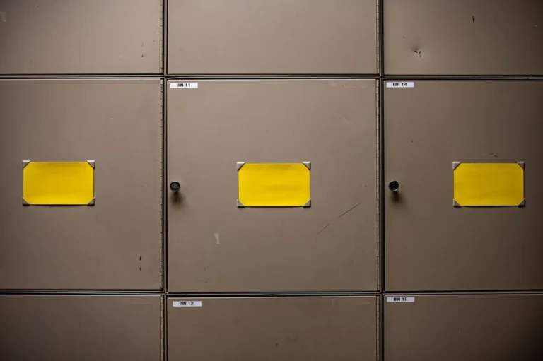 Steel storage cabinet doors with number labels and cylinder locks