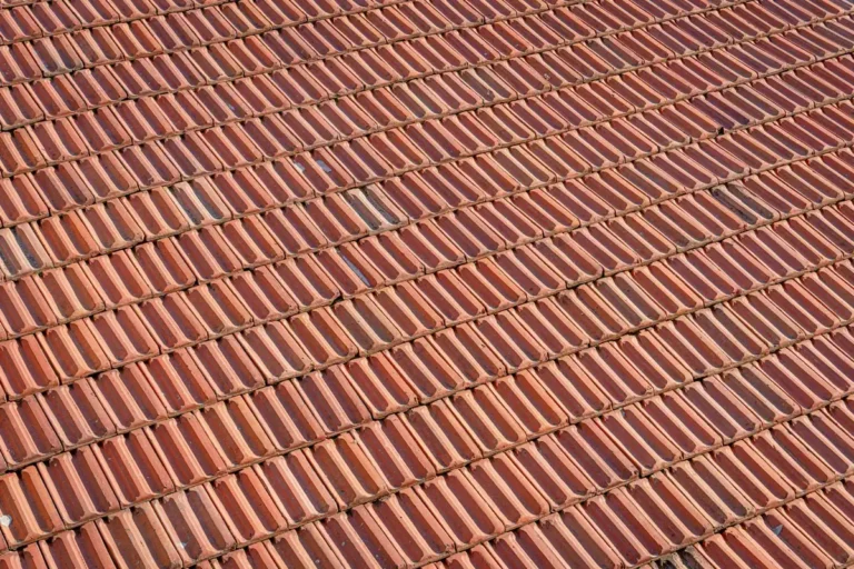Overlapping rows of terracotta clay roof tiles seen from above
