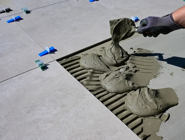 Gloved hand applying tile adhesive with a trowel next to floor tiles set on spacers
