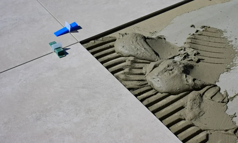 Close-up of wet cement and tile spacers during floor tile installation