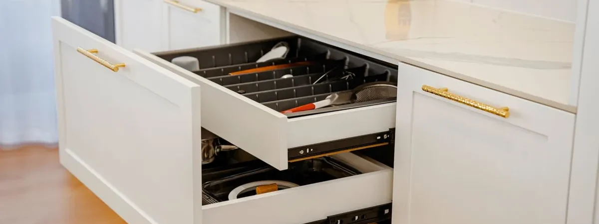 Cabinet hardware sourcing from China – soft-close drawer systems in a kitchen