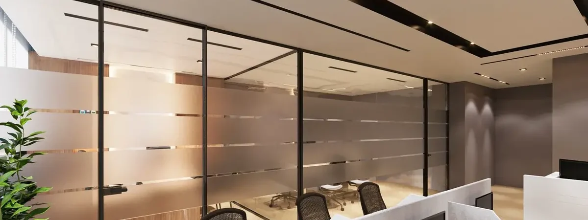 Demountable glass office partitions dividing a meeting room in a commercial fit-out project