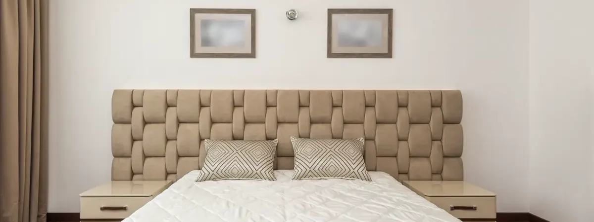 Upholstered hotel bed headboard with bedside cabinets - hotel bed headboard sourcing from China