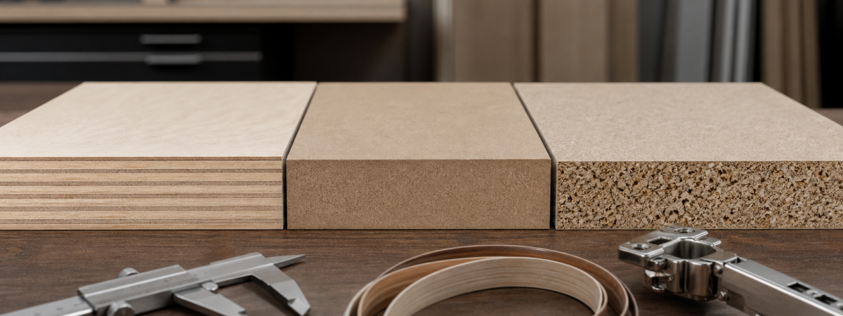 Plywood, MDF and particle board cross-sections for furniture material comparison