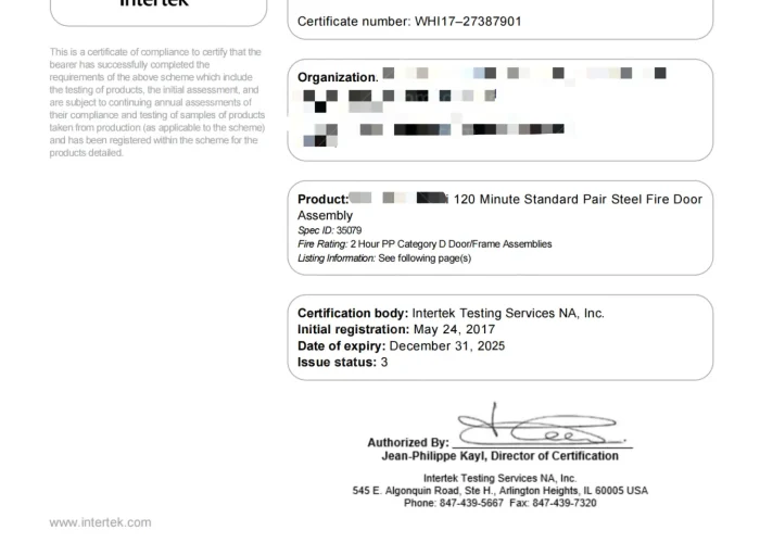 Fire rated steel doors compliance certification
